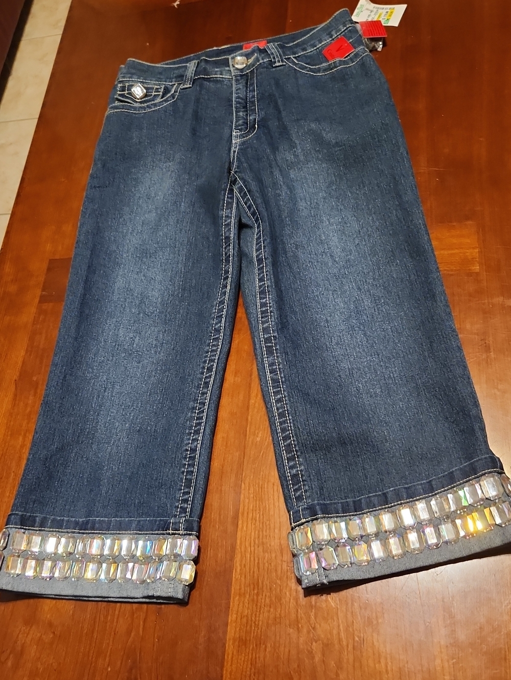 V Cristina Dark Blue Denim Capri Jeans with Iridescent Gem Cuffs